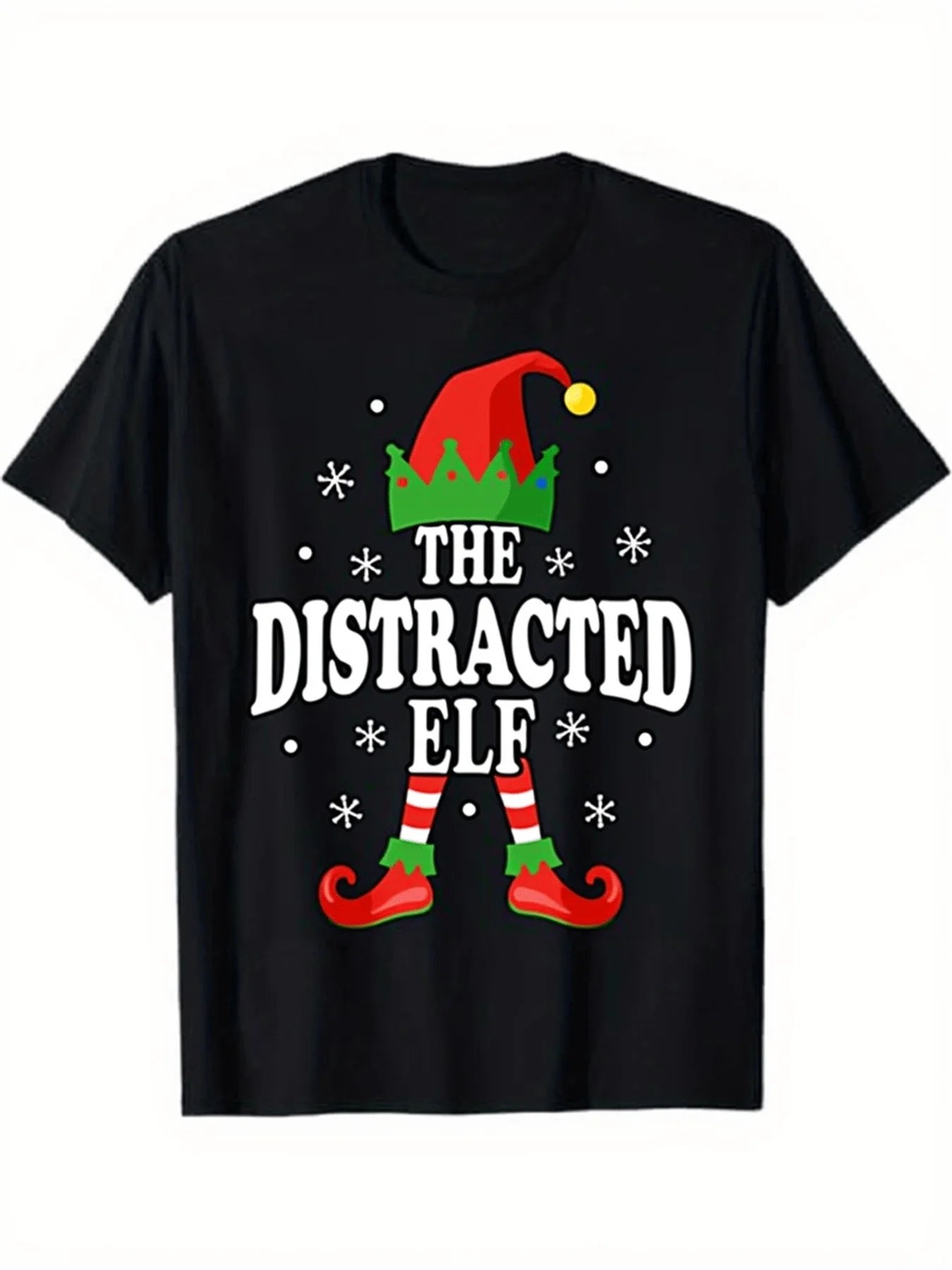 Funny Men's Black Graphic T-Shirt Distracted Elf Hat Striped Legs Curled Shoes Snowflake Holiday Typography Print 100% Cotton Heavyweight Short Sleeve Casual Streetwear Tee