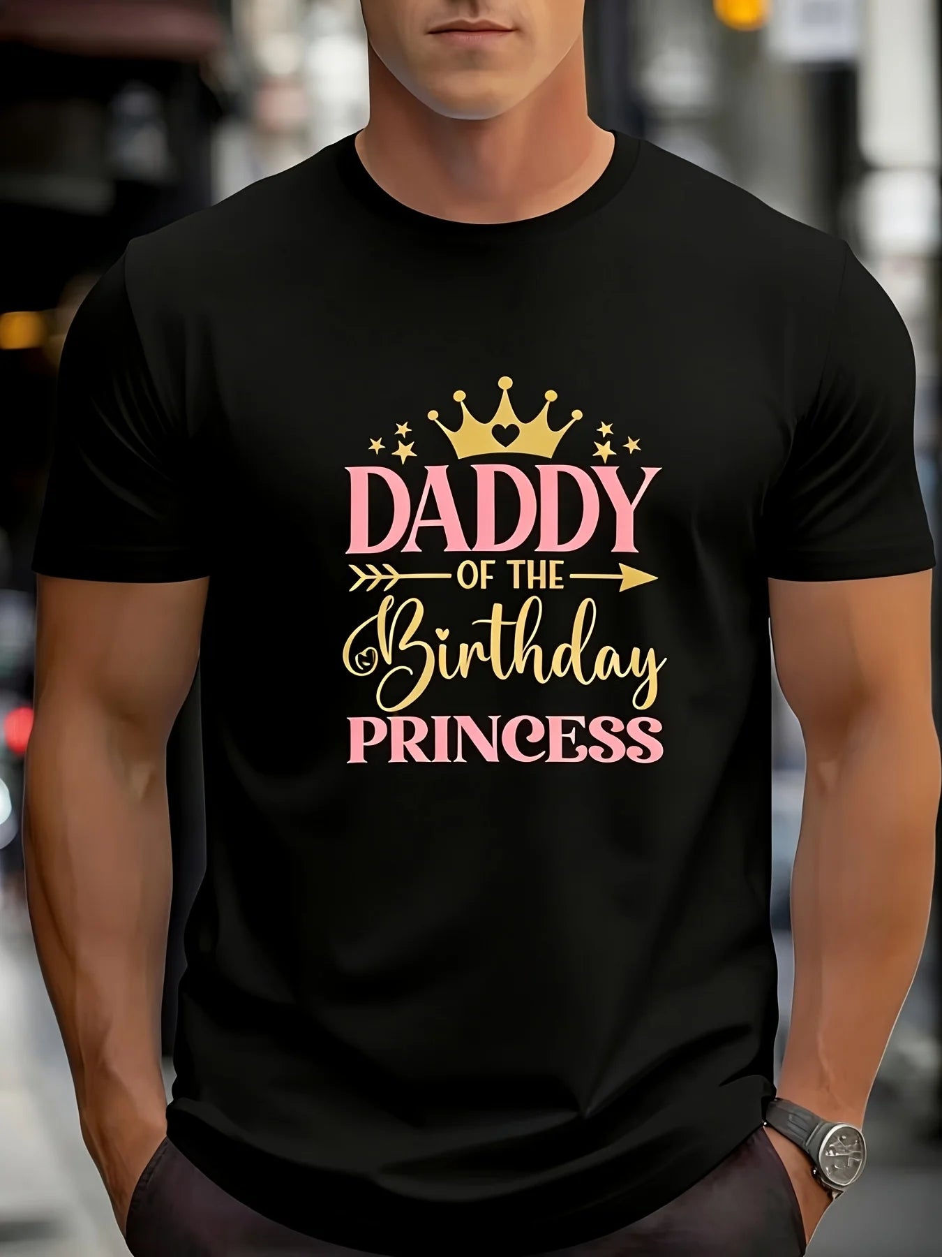 Men'S Funny Dad Birthday Princess Pattern T-Shirt - Green Pink Letters And Crown Design, Casual Crew Neck Short Sleeve Summer T-Shirt, Father'S Day Gift, Birthday Party Outfit
