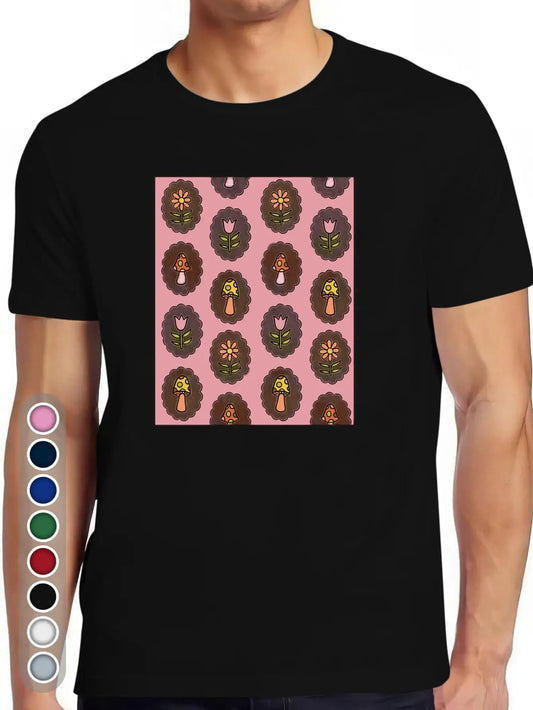 Vintage Men's Black Graphic T-Shirt Mushroom Tulip Daisy Floral Folk Pattern Retro Illustration 100% Cotton Heavyweight Short Sleeve Casual Streetwear Tee