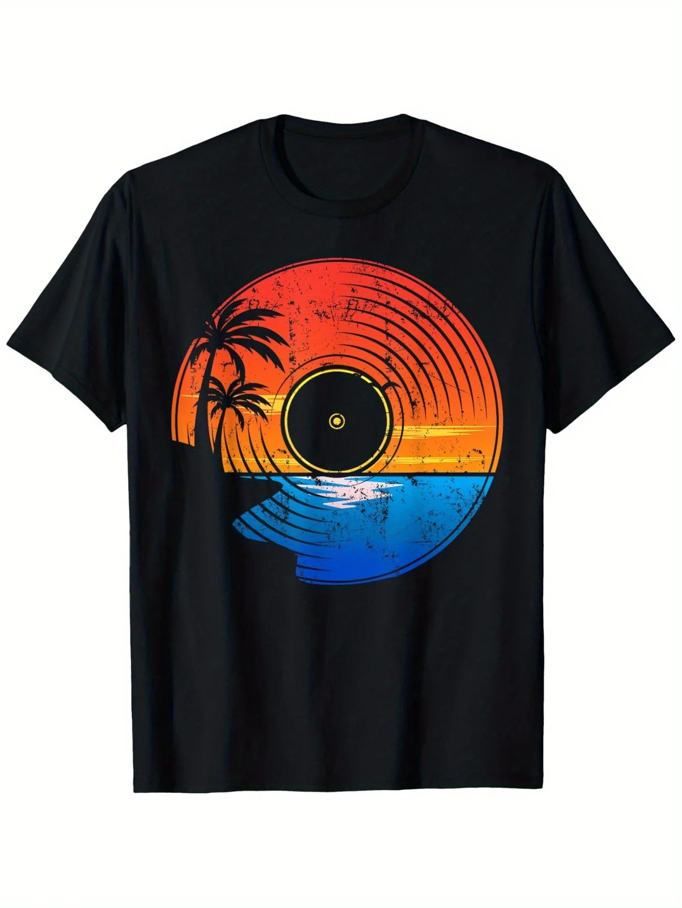 Retro Men's Black Graphic T-Shirt Sunset Palm Tree Vinyl Record Beach Wave Distressed Tropical Vacation Print 100% Cotton Heavyweight Short Sleeve Casual Streetwear Tee