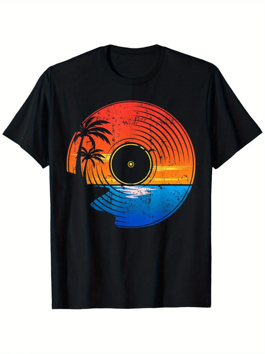 Retro Men's Black Graphic T-Shirt Sunset Palm Tree Vinyl Record Beach Wave Distressed Tropical Vacation Print 100% Cotton Heavyweight Short Sleeve Casual Streetwear Tee