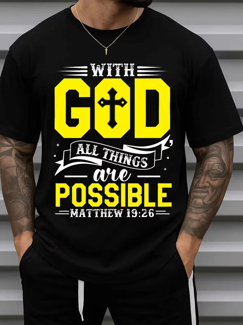 Unique Black Graphic Large-sized T-shirt Featuring A Central Wooden Cross Surrounded By A Red Crown of Thorns Eye-Catching 'GOD