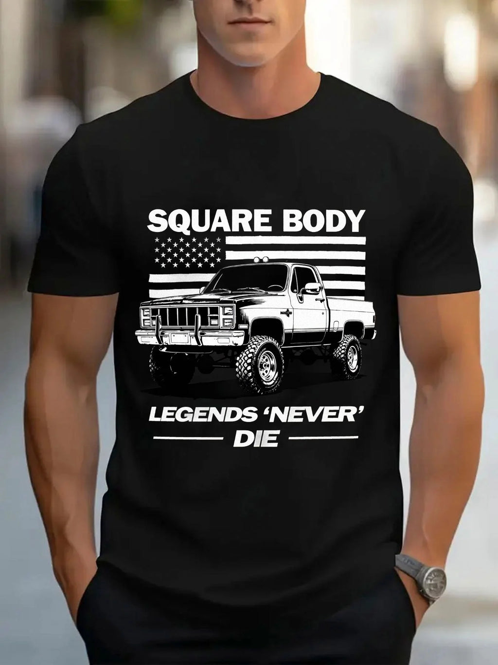 Pure Men'S Fashion Black T-Shirt, Featuring a Square Cut Design, with a Striking White Pickup Truck Pattern on The Chest, a Unique American Flag Background, And The Words "Legend Endures" Printed on The Bottom of The Shirt. Casual And Comfort