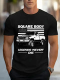 Pure Men'S Fashion Black T-Shirt, Featuring a Square Cut Design, with a Striking White Pickup Truck Pattern on The Chest, a Unique American Flag Background, And The Words "Legend Endures" Printed on The Bottom of The Shirt. Casual And Comfort