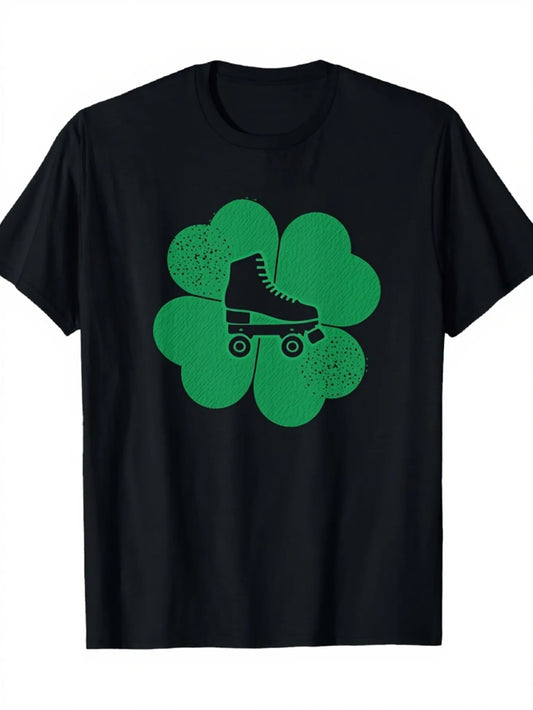 Vintage Men's Black Graphic T-Shirt Roller Skate Four Leaf Clover Lucky Irish Holiday Retro Graphic 100% Cotton Heavyweight Short Sleeve Casual Streetwear Tee