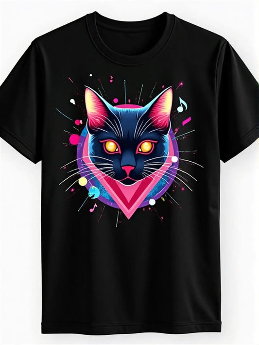 Retro Men's Black Graphic T-Shirt Neon Cat Face Glowing Eyes Music Notes Geometric Triangle Splash Art Retro Graphic 100% Cotton Heavyweight Short Sleeve Casual Streetwear Tee