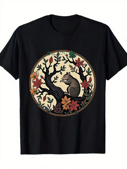 Vintage Men's Black Graphic T-Shirt Squirrel Tree Branch Forest Leaves Floral Circle Nature Illustration 100% Cotton Heavyweight Short Sleeve Casual Streetwear Tee