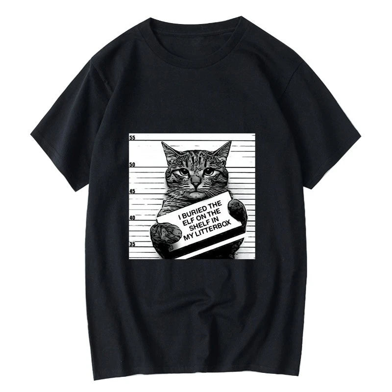 HOT SALE Funny Crime Cat Print Casual O Collar Loose Men T Shirt Summer Humor Unisex Short Sleeve Casual Creative Streetwear Top