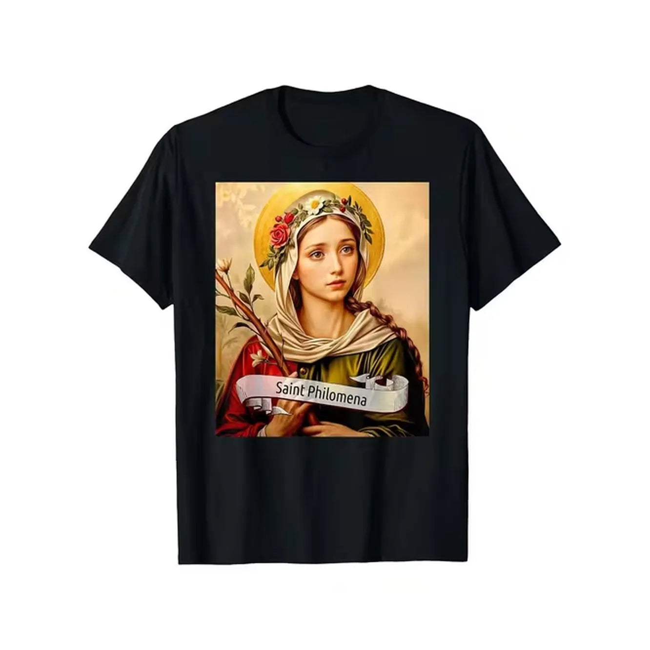 Saint Philomena Catholic T Shirt For Men Women Religious Floral Iconic Print Short Sleeve Tee Round Neck Casual Church Mass Wear Unisex Faith Gift Tops
