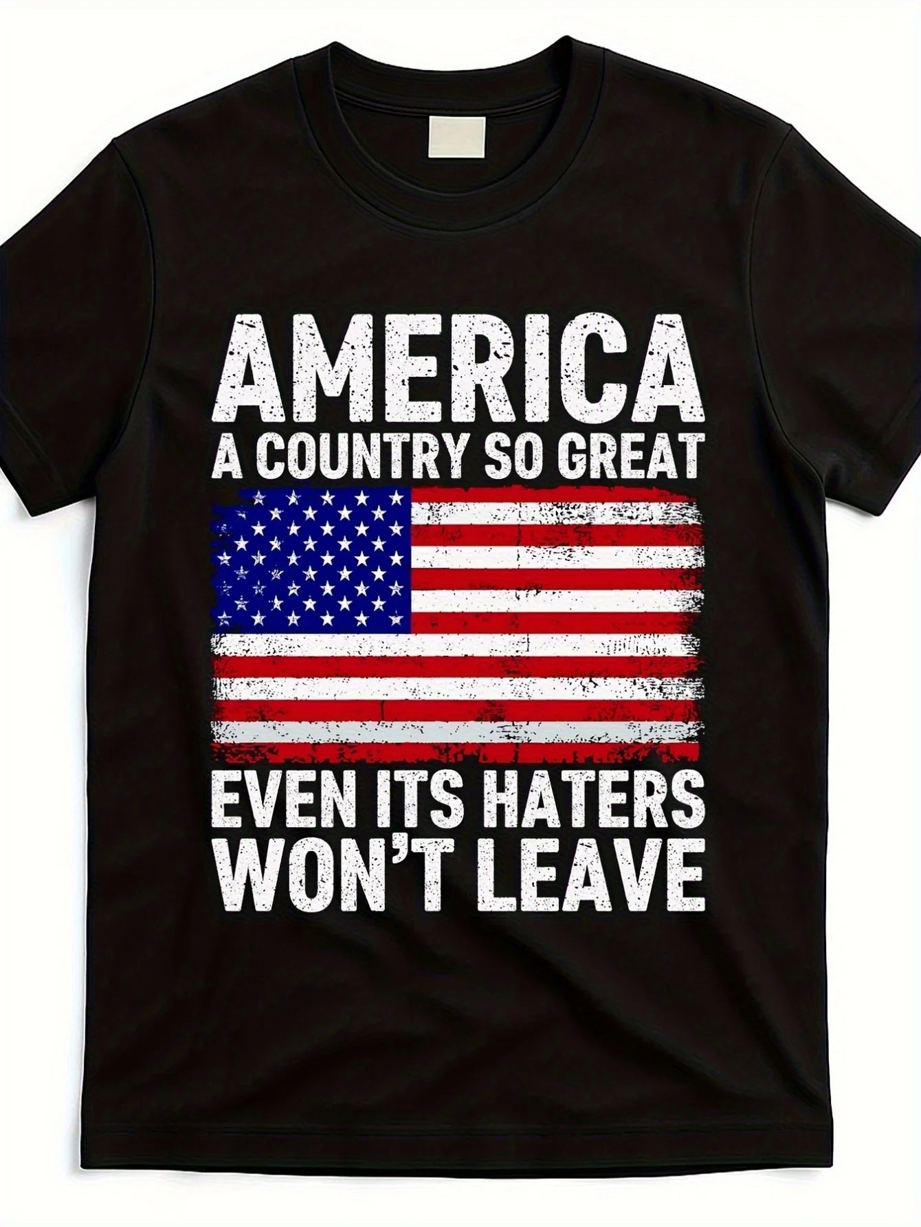 Patriotic American Pattern T-Shirt| Vintage American Flag Pattern, Black Casual Crew Neck T-shirt, Adult Size, Machine Washable, Unisex, Summer Short-sleeve Printed T-shirt, Suitable for All Seasons, PLUS SIZE