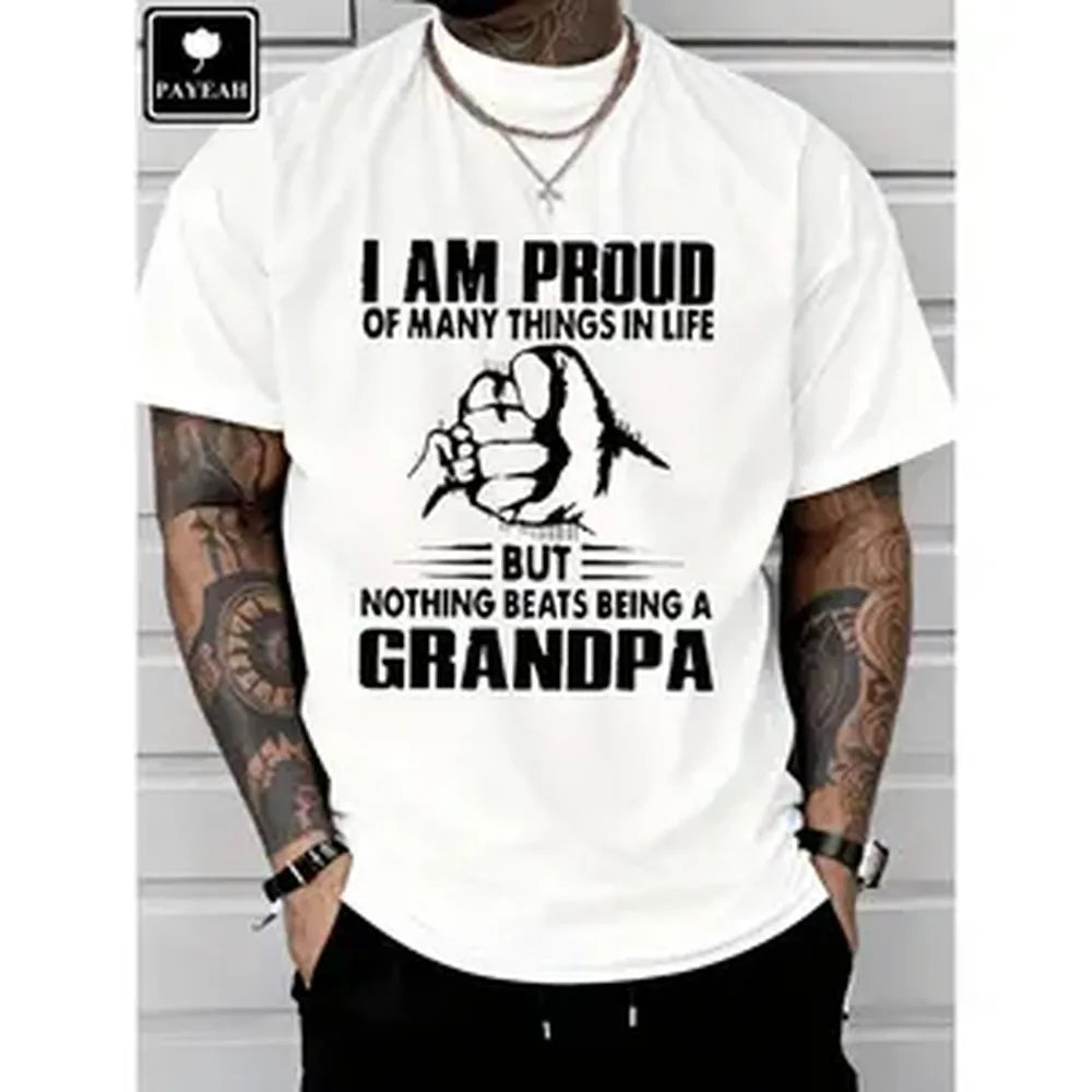 Men's 'Proud Grandpa' Graphic T-Shirt, Casual Heavy Cotton Short Sleeve Crewneck Tee for Father's Day Gift, Tshirt