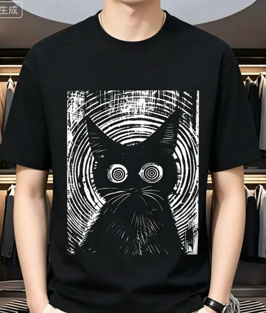 A Black T-Shirt for Men Featuring a Psychedelic Cat Design in a Light Pink Goth Punk Aesthetic And Perfect Casual Outings Travel