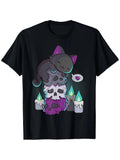 Pure Single-Sided Print Round Neck Short-Sleeved T-Shirt, Asexual Pride, Cute Black Cat Skull, Kawaii Gothic Aesthetic T-Shirt, Fun Cool Shirt Ideas, 100%, Graphic T-Shirt, Gift for, Casual Short Sleeve Tee Soft