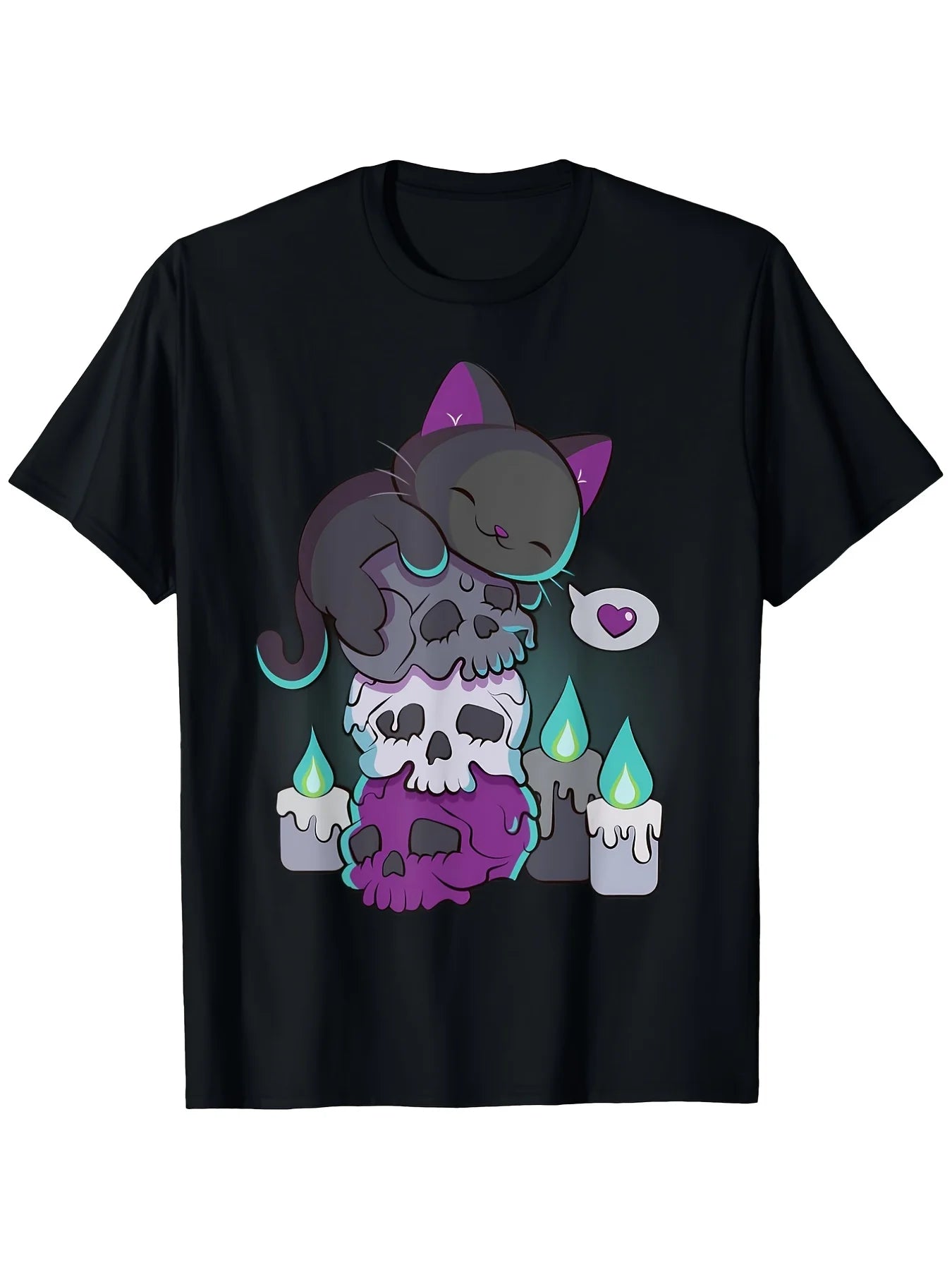 Pure Single-Sided Print Round Neck Short-Sleeved T-Shirt, Asexual Pride, Cute Black Cat Skull, Kawaii Gothic Aesthetic T-Shirt, Fun Cool Shirt Ideas, 100%, Graphic T-Shirt, Gift for, Casual Short Sleeve Tee Soft