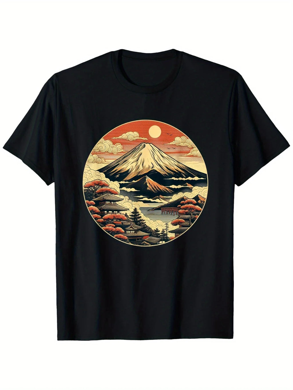 Vintage Men's Black Graphic T-Shirt Mountain Sunrise Pagoda Lake Cloud Circle Landscape Retro Illustration Print 100% Cotton Heavyweight Short Sleeve Casual Streetwear Tee