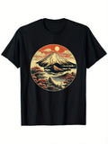 Vintage Men's Black Graphic T-Shirt Mountain Sunrise Pagoda Lake Cloud Circle Landscape Retro Illustration Print 100% Cotton Heavyweight Short Sleeve Casual Streetwear Tee