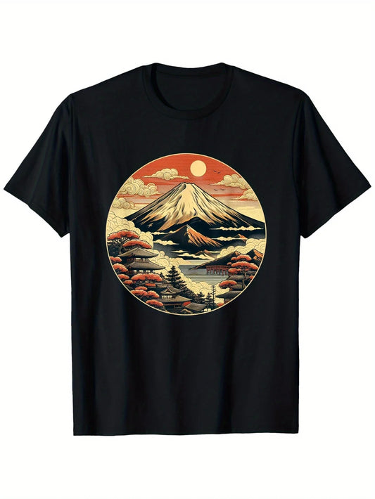 Vintage Men's Black Graphic T-Shirt Mountain Sunrise Pagoda Lake Cloud Circle Landscape Retro Illustration Print 100% Cotton Heavyweight Short Sleeve Casual Streetwear Tee