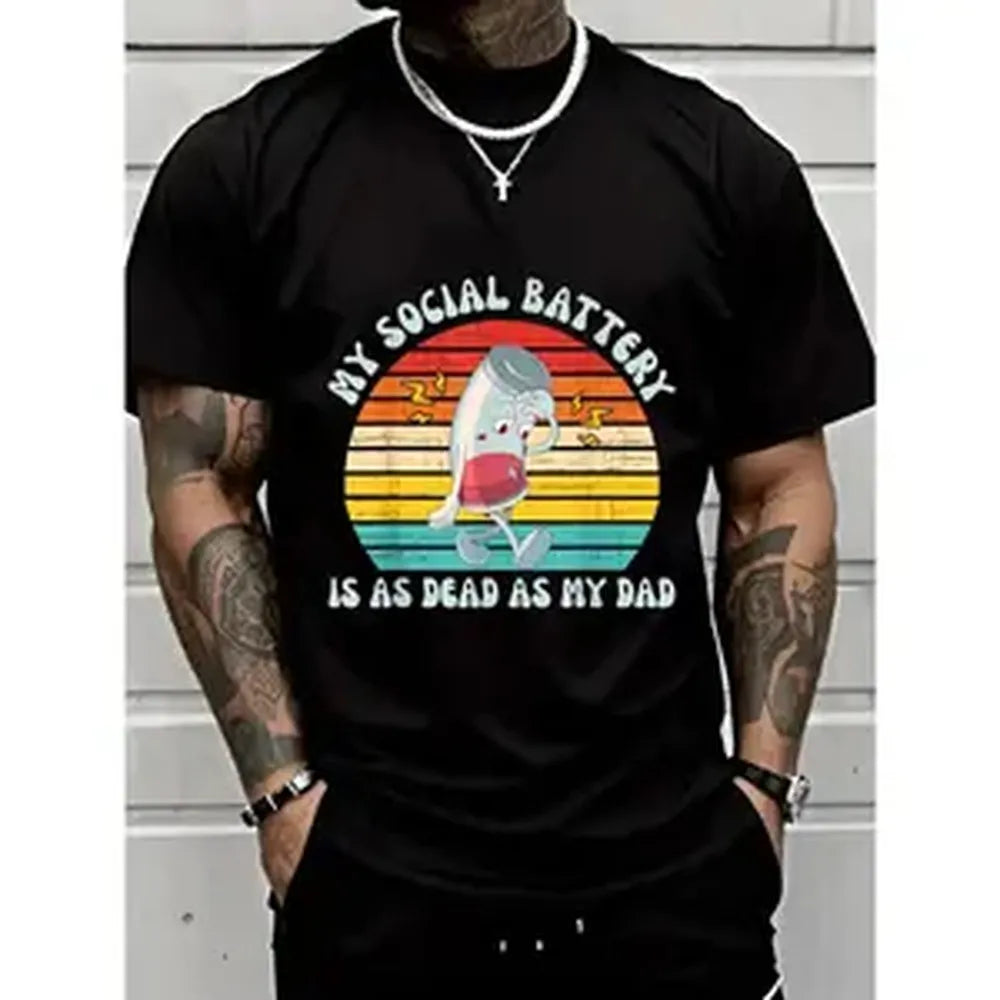 Lady's Smooth Cotton Seamless Vintage "My Social Battery Is As Dead As My Dad" Graphic Short-Sleeve Solid Sports Top, Casual Everyday Streetwear