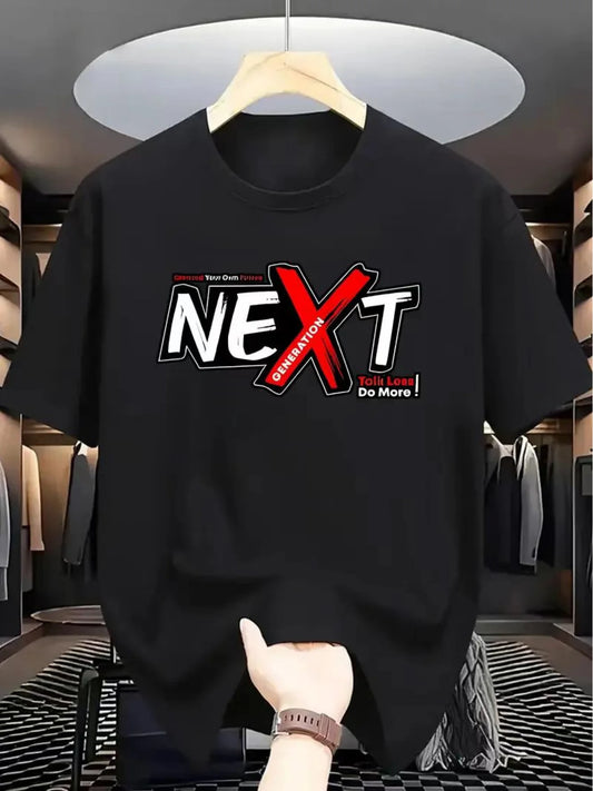 Trendy Men's Black Graphic T-Shirt Bold Next Generation Slogan Red X Letter Print Street Graphic 100% Cotton Heavyweight Short Sleeve Casual Streetwear Tee