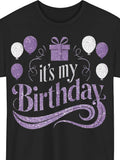 Men's Plus Size Happy Birthday T-Shirt| Casual Style Black with Purple Balloon and Gift Box Design, Round Neck Short Sleeve, Machine Washable, Very Suitable for Weekend Leisure and Daily Wear, PLUS SIZE