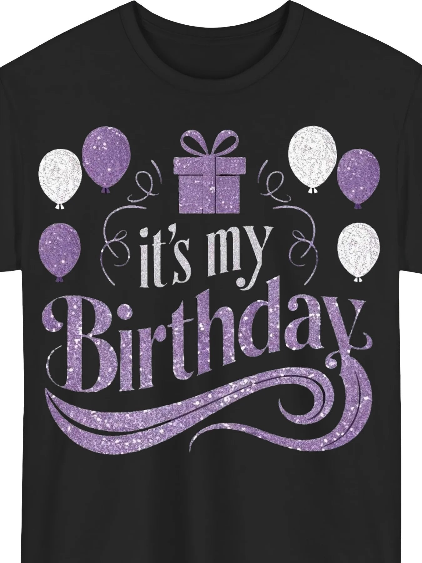 Men's Plus Size Happy Birthday T-Shirt| Casual Style Black with Purple Balloon and Gift Box Design, Round Neck Short Sleeve, Machine Washable, Very Suitable for Weekend Leisure and Daily Wear, PLUS SIZE