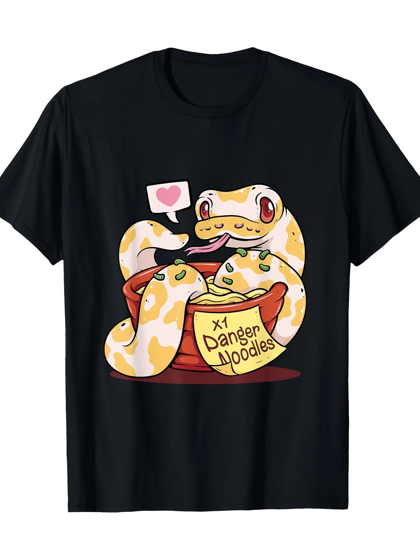 Funny Men's Black Graphic T-Shirt Snake Ramen Bowl Danger Noodles Heart Speech Bubble Cartoon Print 100% Cotton Heavyweight Short Sleeve Casual Streetwear Tee