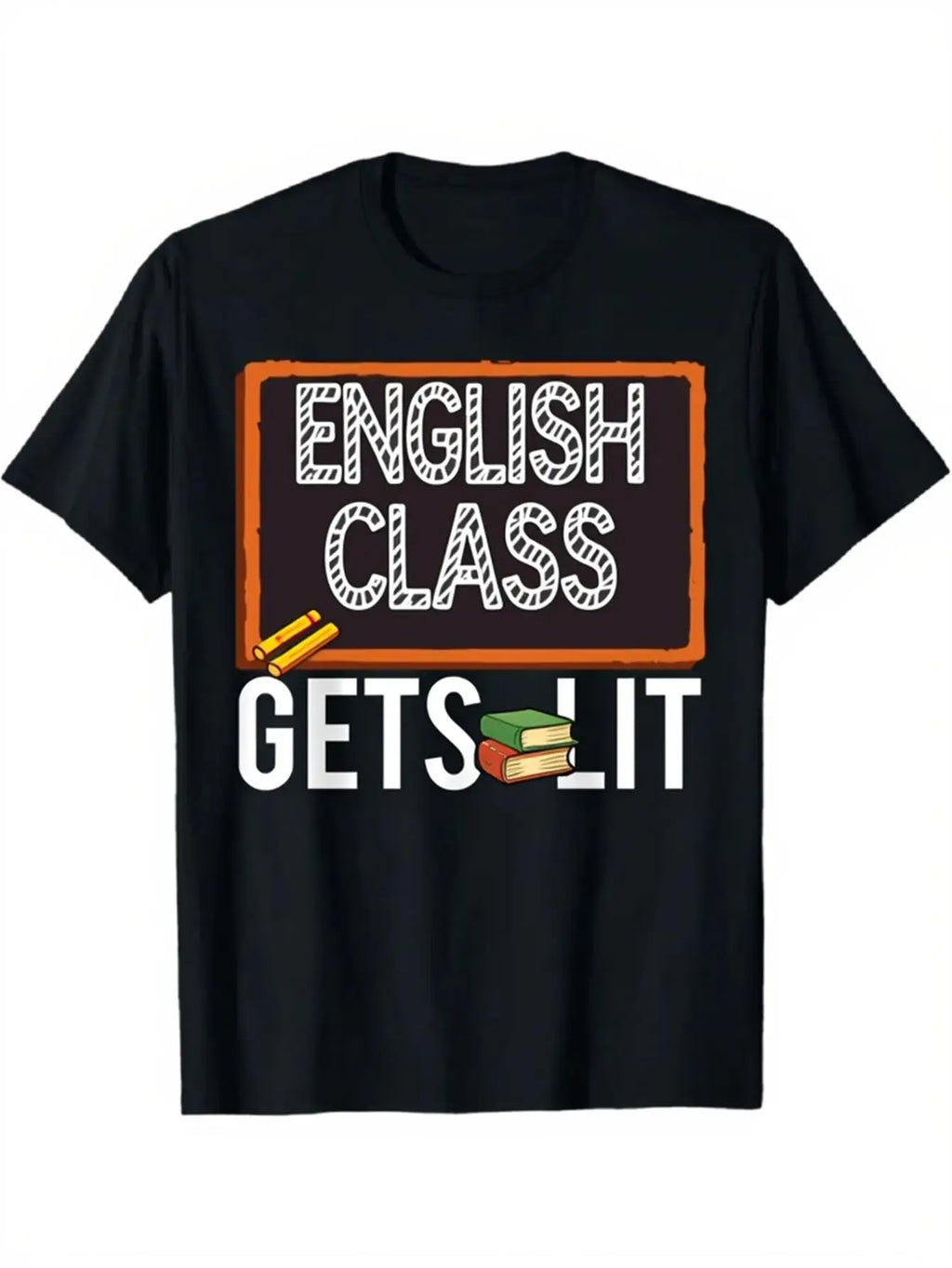 Trendy Men's Black Graphic T-Shirt English Class Gets It Chalkboard Book Pencil School Typography Print 100% Cotton Heavyweight Short Sleeve Casual Streetwear Tee