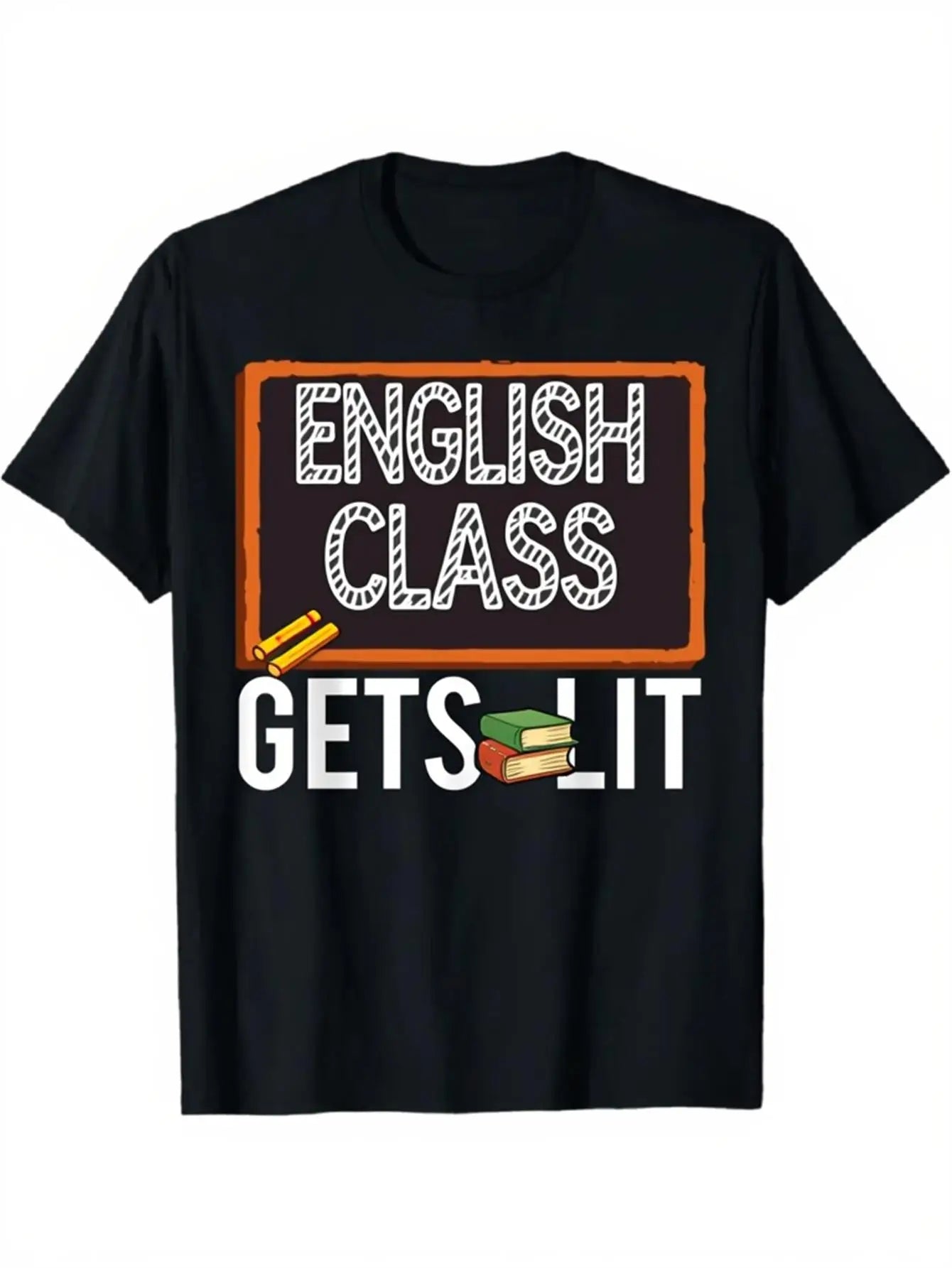 Trendy Men's Black Graphic T-Shirt English Class Gets It Chalkboard Book Pencil School Typography Print 100% Cotton Heavyweight Short Sleeve Casual Streetwear Tee