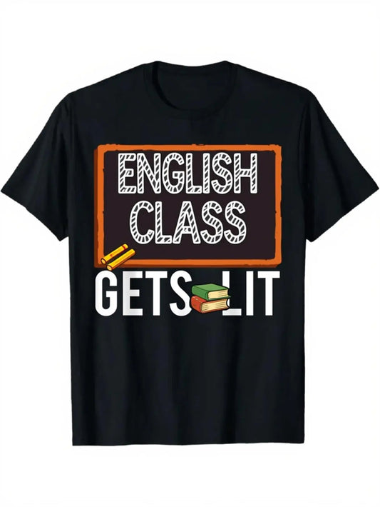 Trendy Men's Black Graphic T-Shirt English Class Gets It Chalkboard Book Pencil School Typography Print 100% Cotton Heavyweight Short Sleeve Casual Streetwear Tee