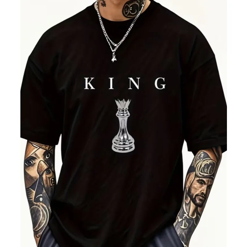 Casual Short-Sleeve Round Neck T-Shirt Top for Men Featuring a Black Chess King Pattern T-Shirts