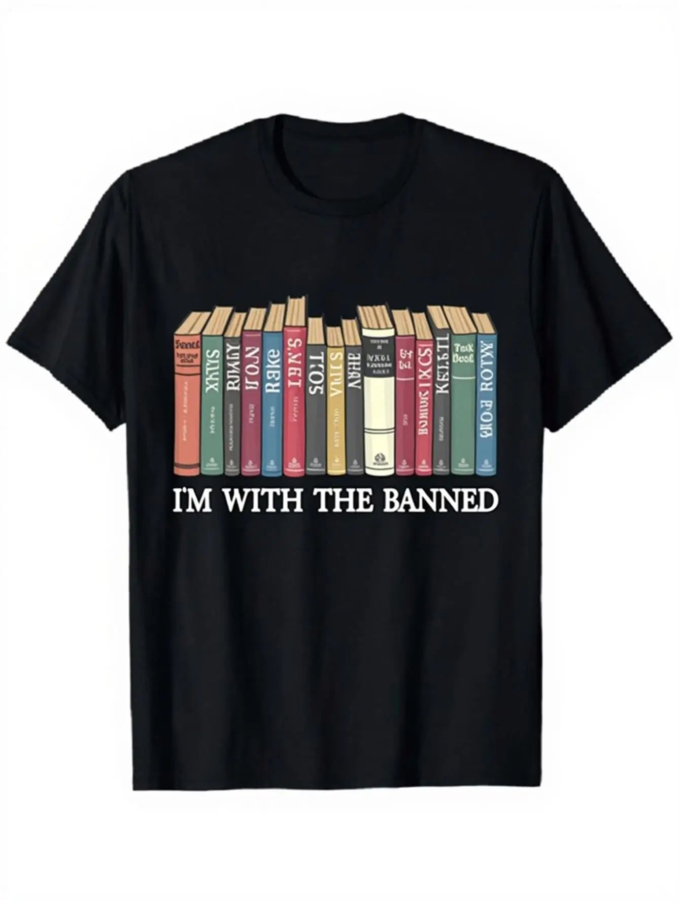 Vintage Men's Black Graphic T-Shirt Colorful Stacked Bookshelf Library Novel Reader Slogan Typography Print 100% Cotton Heavyweight Short Sleeve Casual Streetwear Tee
