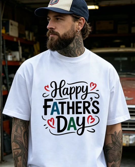 Unisex Short-Sleeved T-Shirt Happy Fathers Day Graphic Tee Bold Lettering with Heart Dads Stepdads Figures Ideal Father'S Day