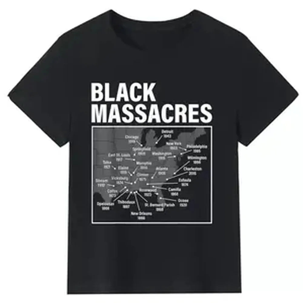 Casual Short-Sleeve Cotton T-Shirt - Smooth Fabric, Round Neck, Black Massacres History Map Graphic, Seamless Top for Afro American Struggle Awareness