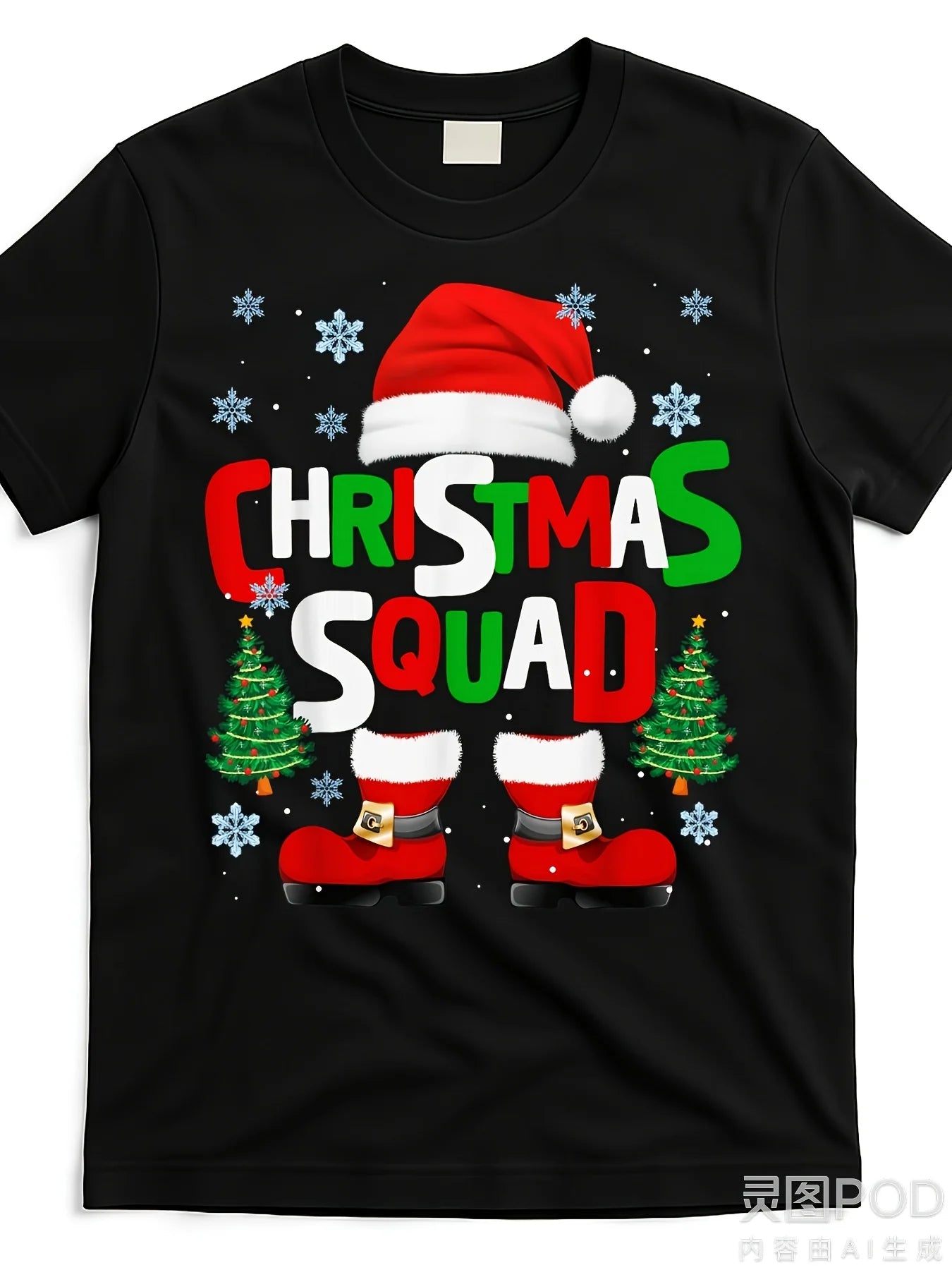 Funny Men's Black Graphic T-Shirt Christmas Squad Santa Hat Snowflake Tree Holiday Letter Print 100% Cotton Heavyweight Short Sleeve Casual Streetwear Tee