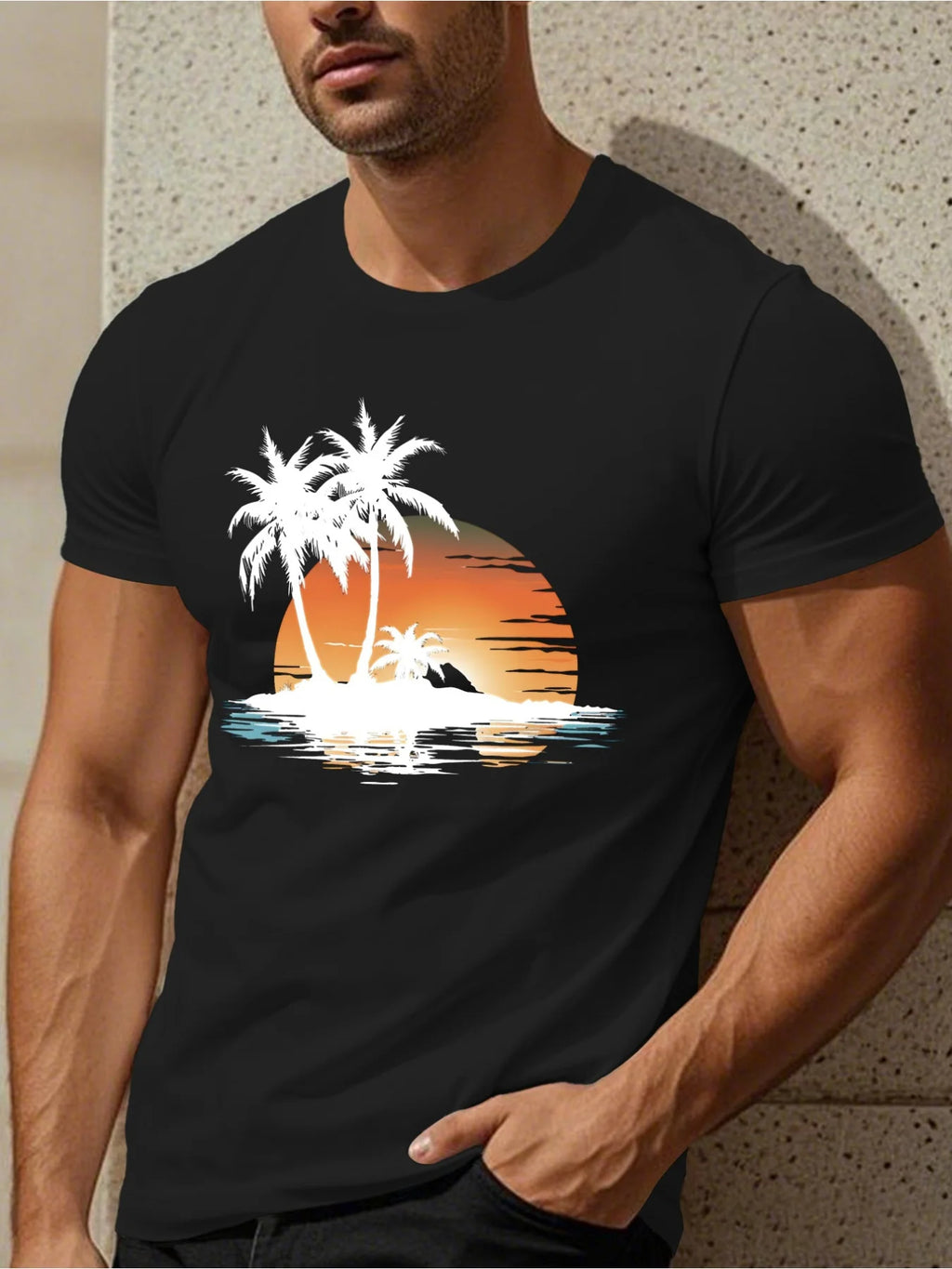 Men's Tropical Palm Tree T-Shirt - White Short Sleeve Round Neck Tee with Coconut Palm & Sunset Design, Lightweight Stretch Fabric Suitable for Beachwear, Casual Outfits, Year-Round, Machine Washable Palm Print Shirt