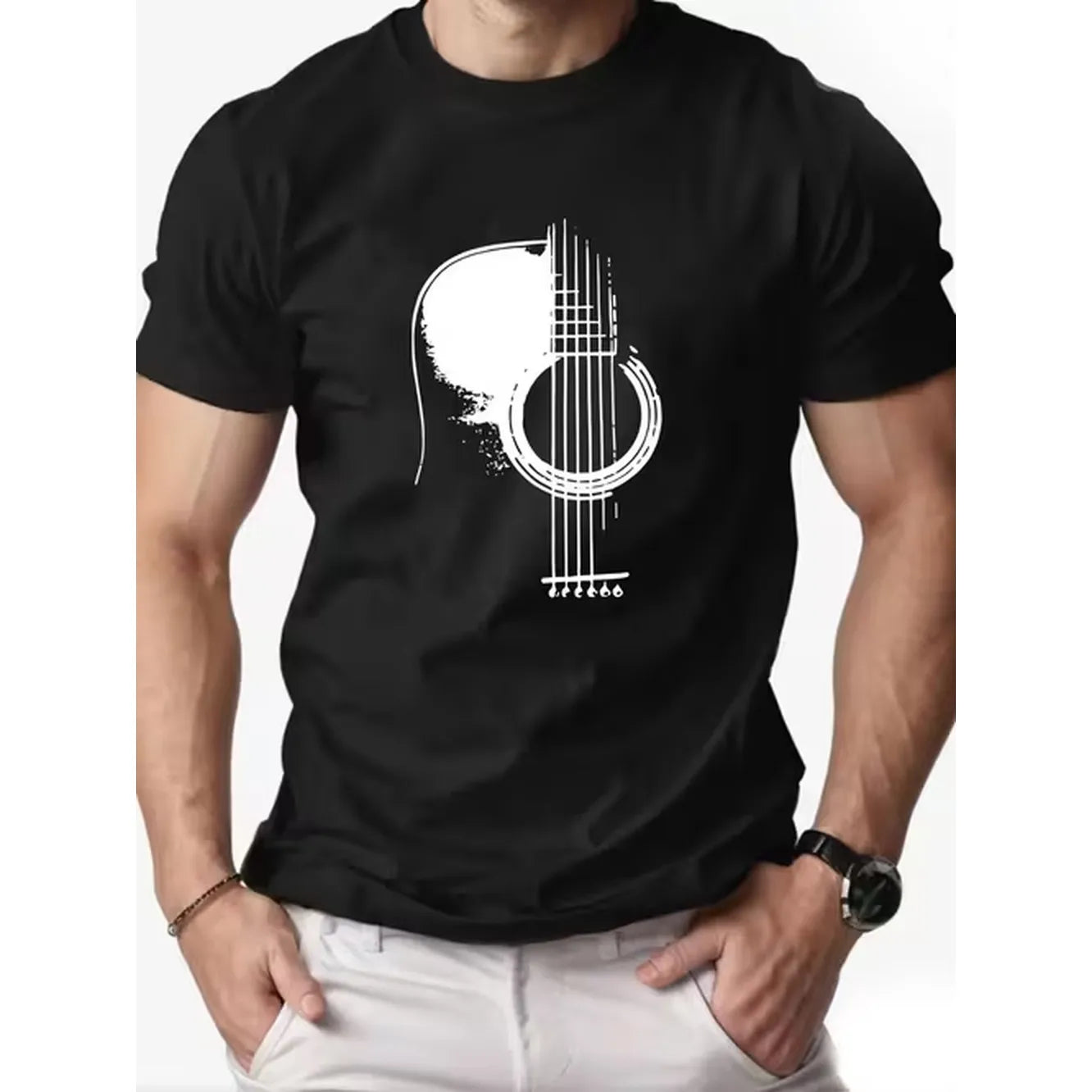 item picture mens guitar print music t shirt lightweight merch tee with short sleeve round neck machine washable casual top for concerts practice casual attire musician apparel for musicians