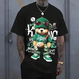 Streetwear hip-hop teddy bear print men’s T-shirt, Harajuku retro casual short-sleeve top, Y2K-style loose trendy tee. tiktokshopspringglowup,summervibes