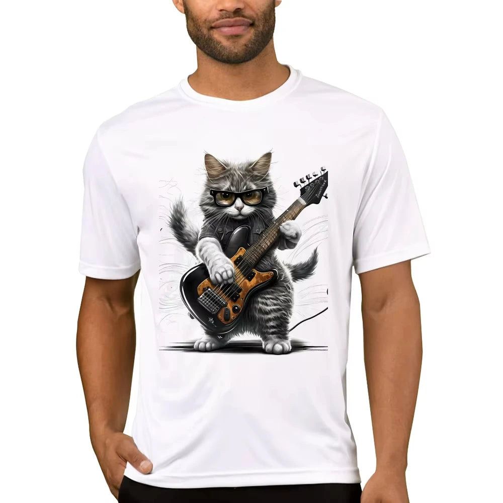 HOT SALE Vintage Cat Play Guitar Men T-Shirt Fashion Streetwear Short Sleeve T Shirts Hipster Music Tee Cool Tops Music Lover