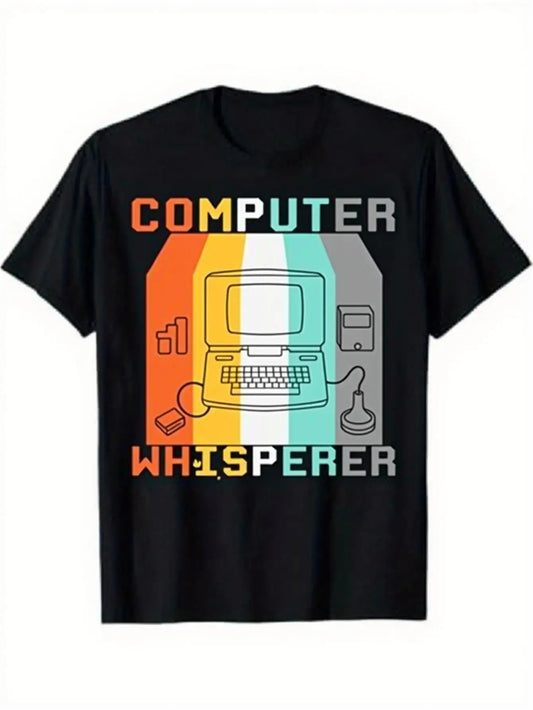 Vintage Men's Black Graphic T-Shirt Computer Whisperer Retro Computer Monitor Keyboard Joystick Floppy Disk Color Block Letter Print 100% Cotton Heavyweight Short Sleeve Casual Streetwear Tee