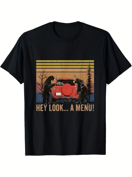 1pc Men's Retro Off-Road Adventure T-Shirt - 100% Cotton Vintage -Inspired Menu Print Tee with & Campfire Design - Funny "Hey Look A Menu!" Outdoor Humor Shirt for, Camping & Casual Wear (Machine Washable)