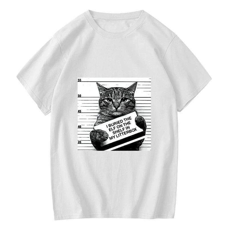 HOT SALE Funny Crime Cat Print Casual O Collar Loose Men T Shirt Summer Humor Unisex Short Sleeve Casual Creative Streetwear Top