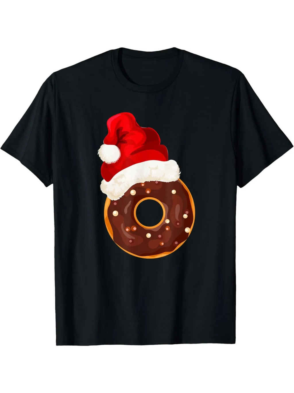 Funny Men's Black Graphic T-Shirt Christmas Donut Red Santa Hat Chocolate Frosted Sprinkle Holiday Dessert Print 100% Cotton Heavyweight Short Sleeve Casual Streetwear Tee