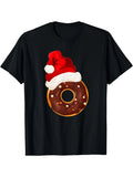 Funny Men's Black Graphic T-Shirt Christmas Donut Red Santa Hat Chocolate Frosted Sprinkle Holiday Dessert Print 100% Cotton Heavyweight Short Sleeve Casual Streetwear Tee