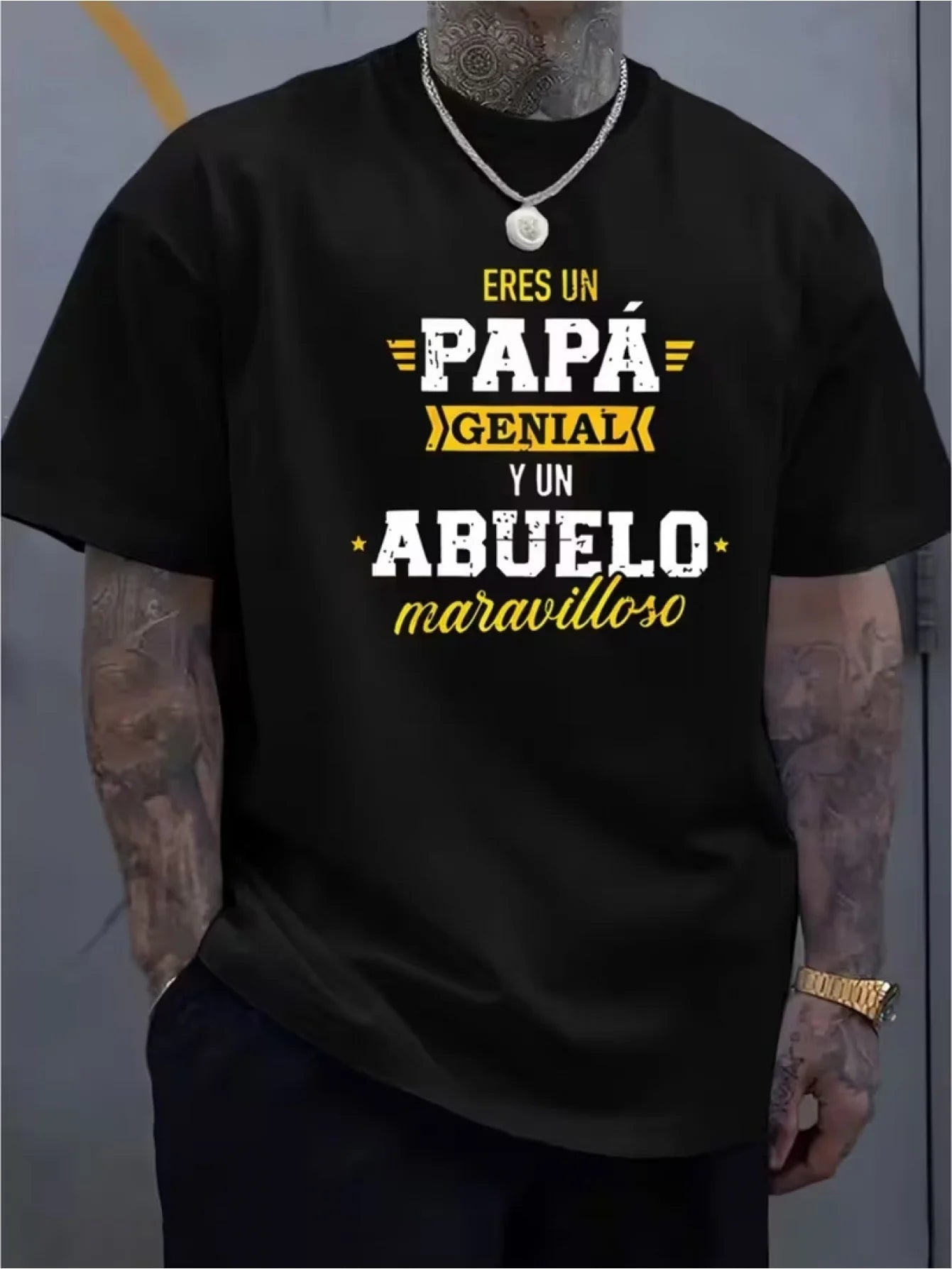 Men's Printed T-Shirt "Dad & Grandpa" Dual Identity Text Element Top, Daily Comfortable Breathable Casual T-Shirt