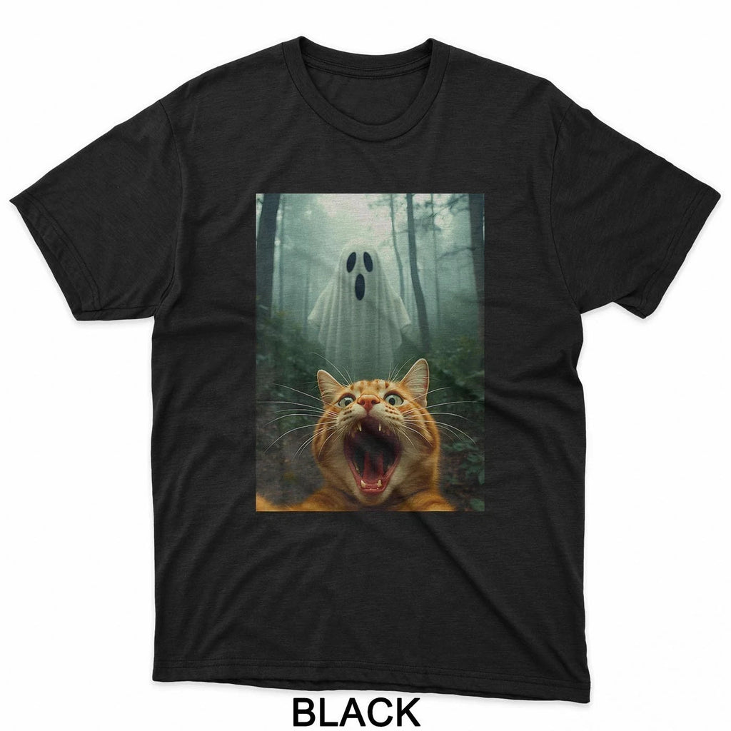 HOT SALE Cat Selfie with Ghost Halloween Kitty Spooky Ghost in Forest T-Shirt Tee Soft  Round-neck Tee Streetwear Style