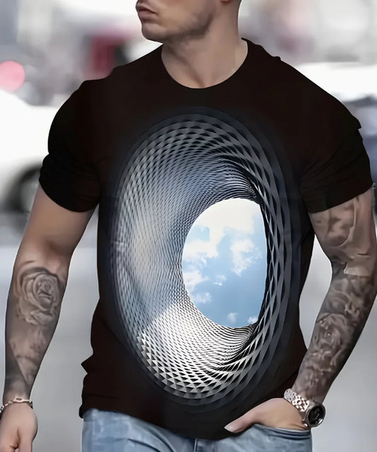 2D Digital Print Fashionable Casual Short-Sleeve T-Shirt for Men Featuring A Hollow, Misaligned Three-Dimensional Visual Effect