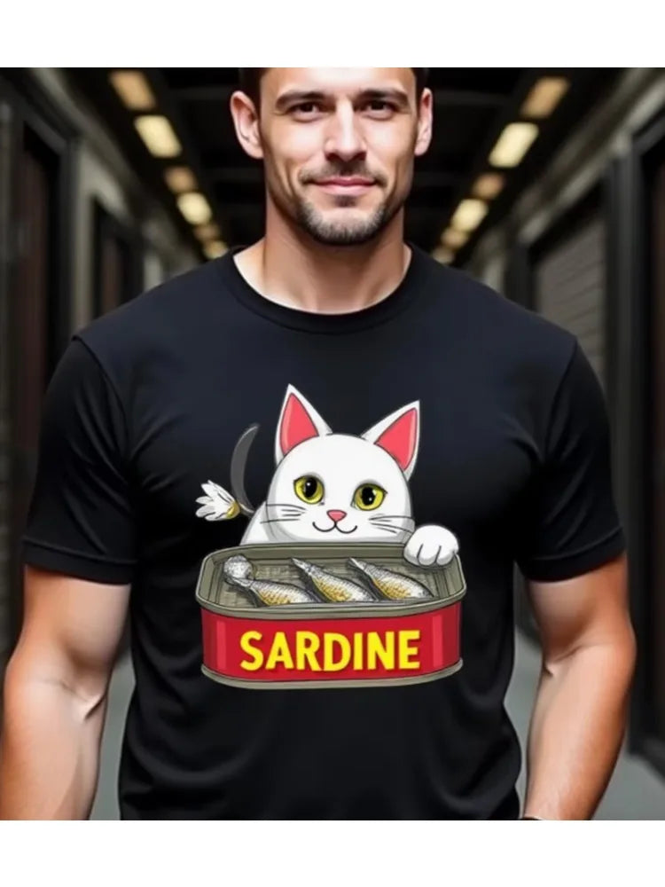 MenS Funny Sardine Cat Graphic T-Shirt Black with Red Sardine Label & Cute White Cat Peeking From Can Design Casual Attire Them