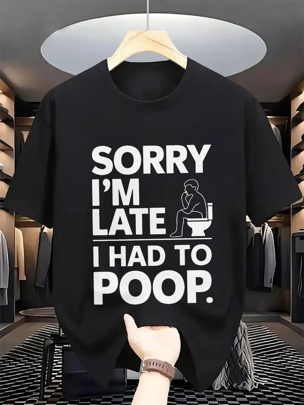 Funny Men's Black Graphic T-Shirt Sorry I'M Late I Had to Poop Bold Typography Toilet Humor Statement Print 100% Cotton Heavyweight Short Sleeve Casual Streetwear Tee