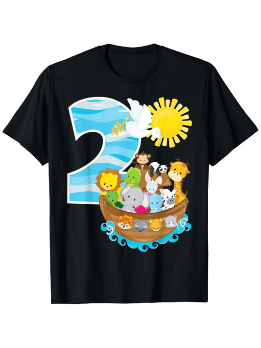 Cute Men's Black Graphic T-Shirt Number 2 Ark Boat Animals Dove Sun Cartoon Safari Illustration 100% Cotton Heavyweight Short Sleeve Casual Streetwear Tee
