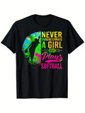 Softball Never Underestimate A Girl Who Plays Softball TShirt Birthday Gifts Father's Day Gifts Mother's Day Gifts Same Style for Men And Unisex 2026 Summer ShortSleeved Printed TShirt Retro Casual Short-sleeved T-shirt with a Round Neck and Printed